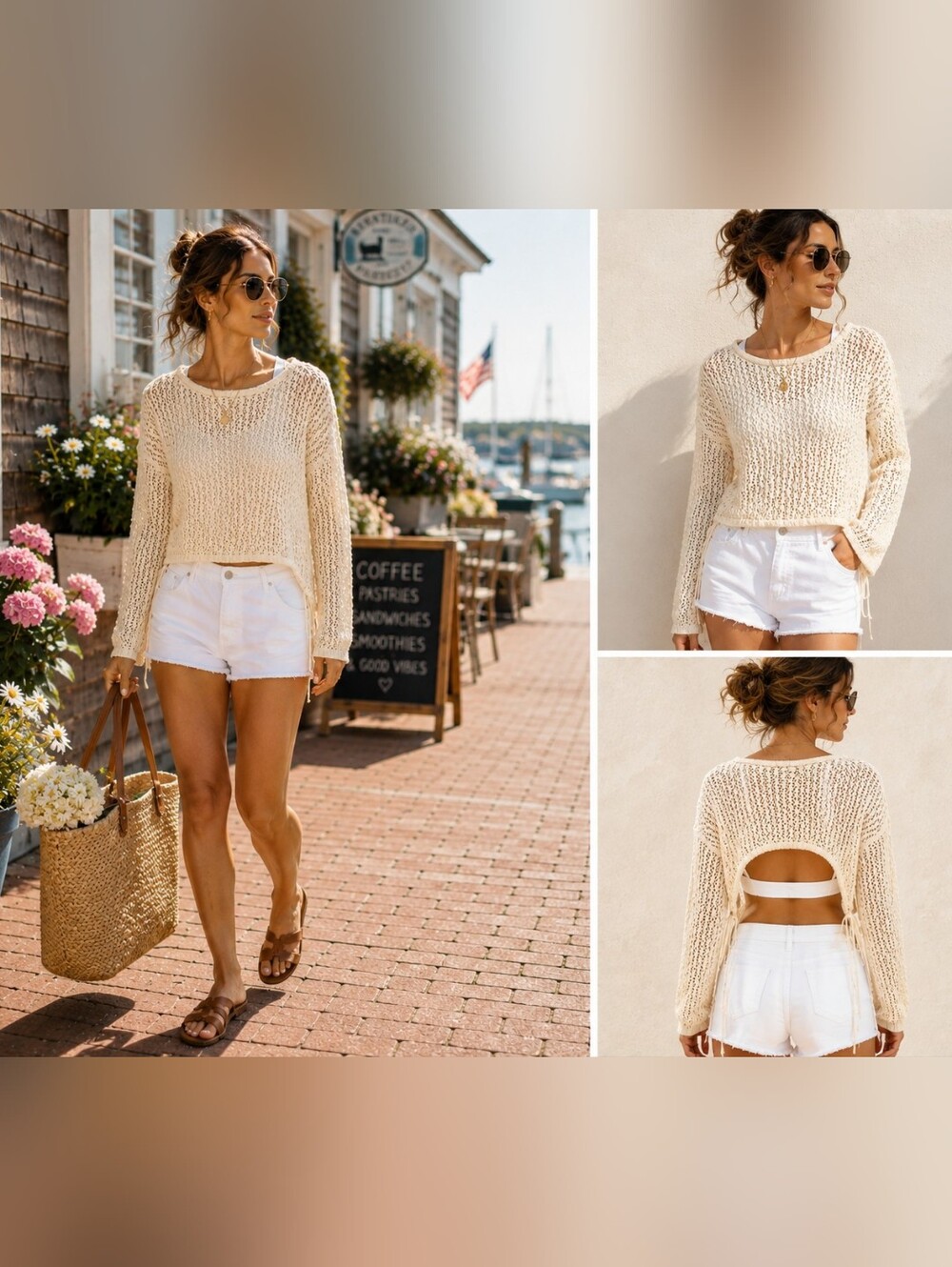 LE LIS Collection Cream Crochet Knit Drawstring Sweater Medium Boho Coastal
